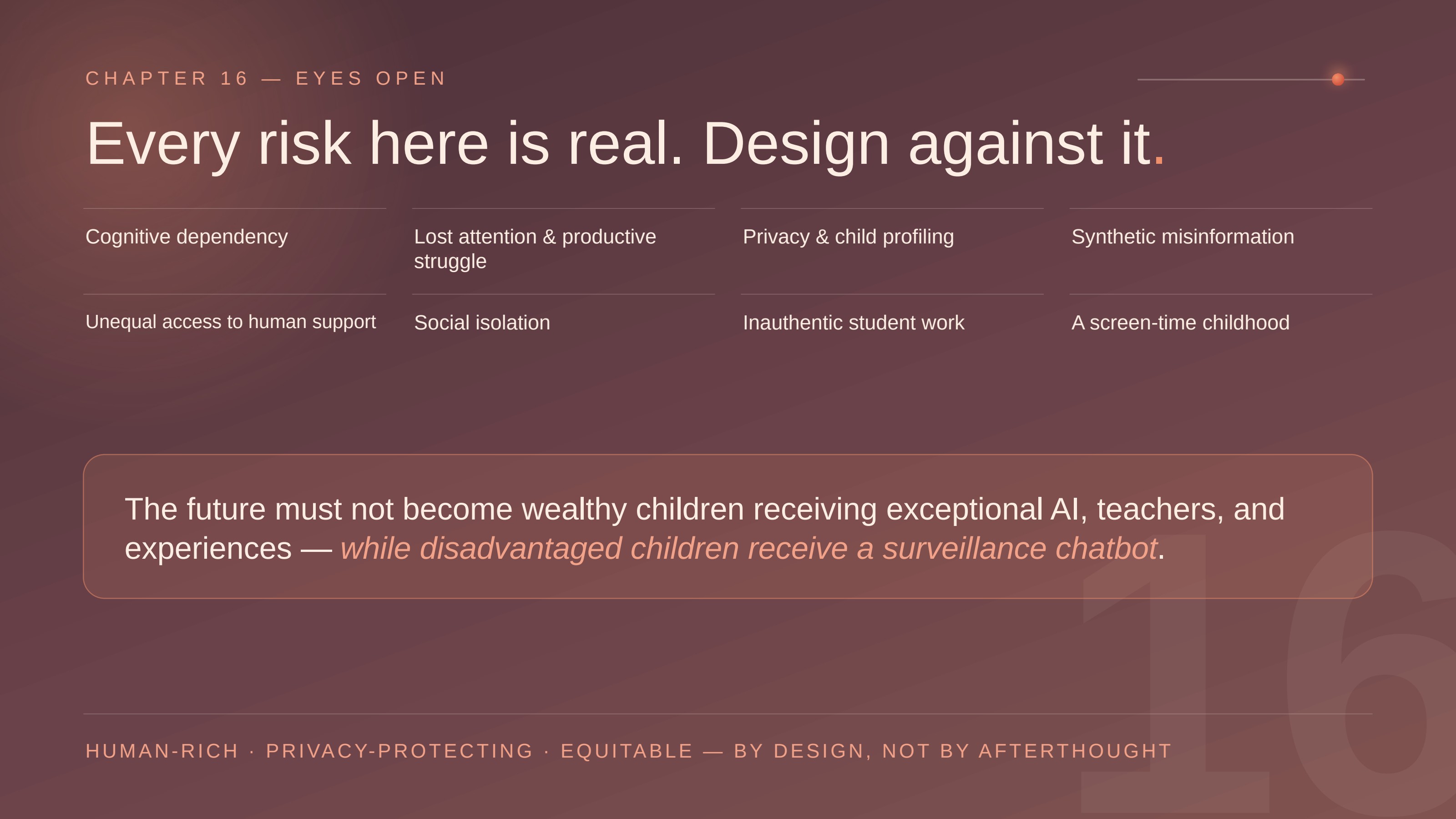 Slide 16: Every risk here is real. Design against it.. CHAPTER 16 — EYES OPEN