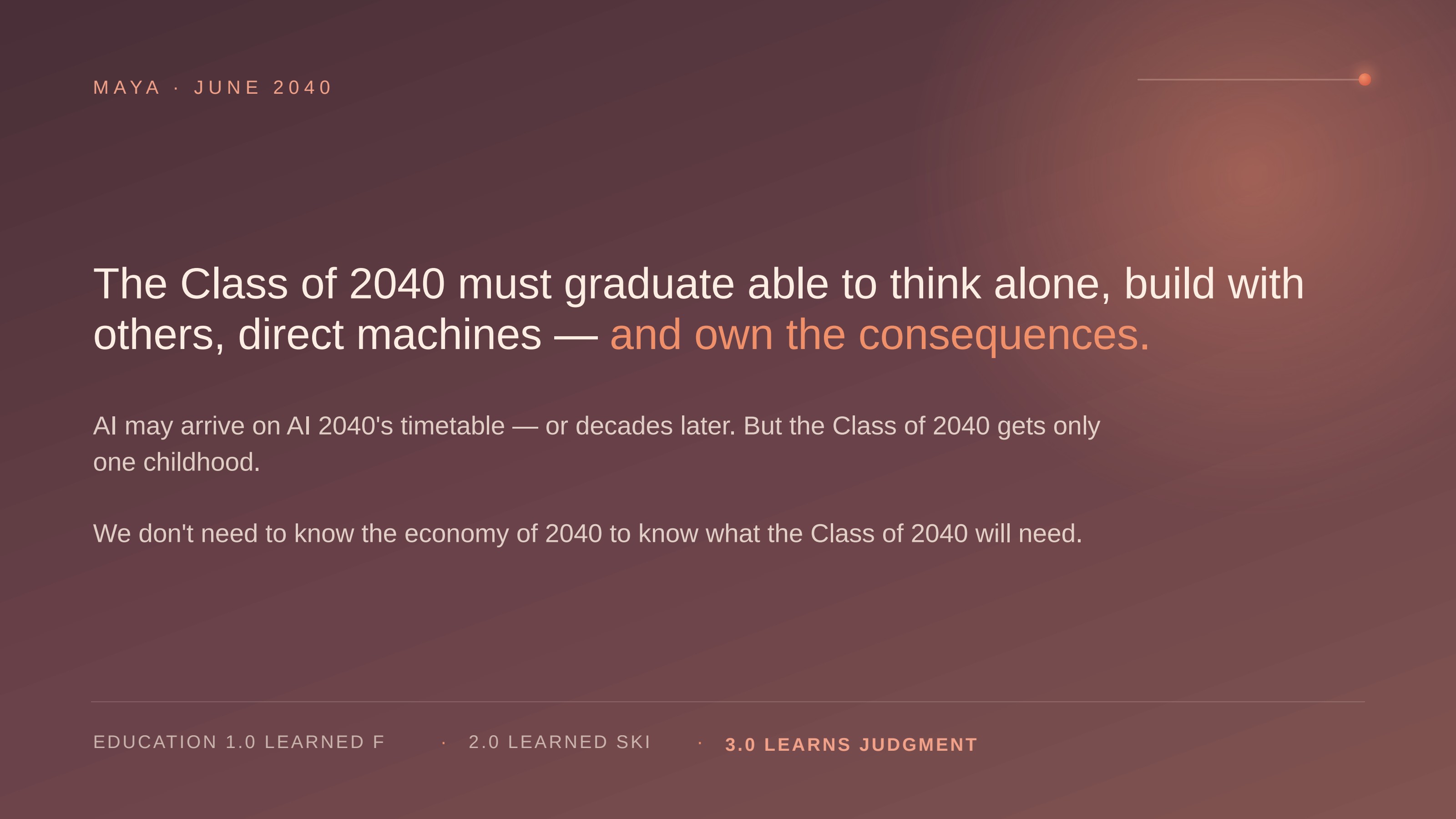 Slide 18: Maya walks across the stage in June 2040.. CHAPTER 18 — CLOSING