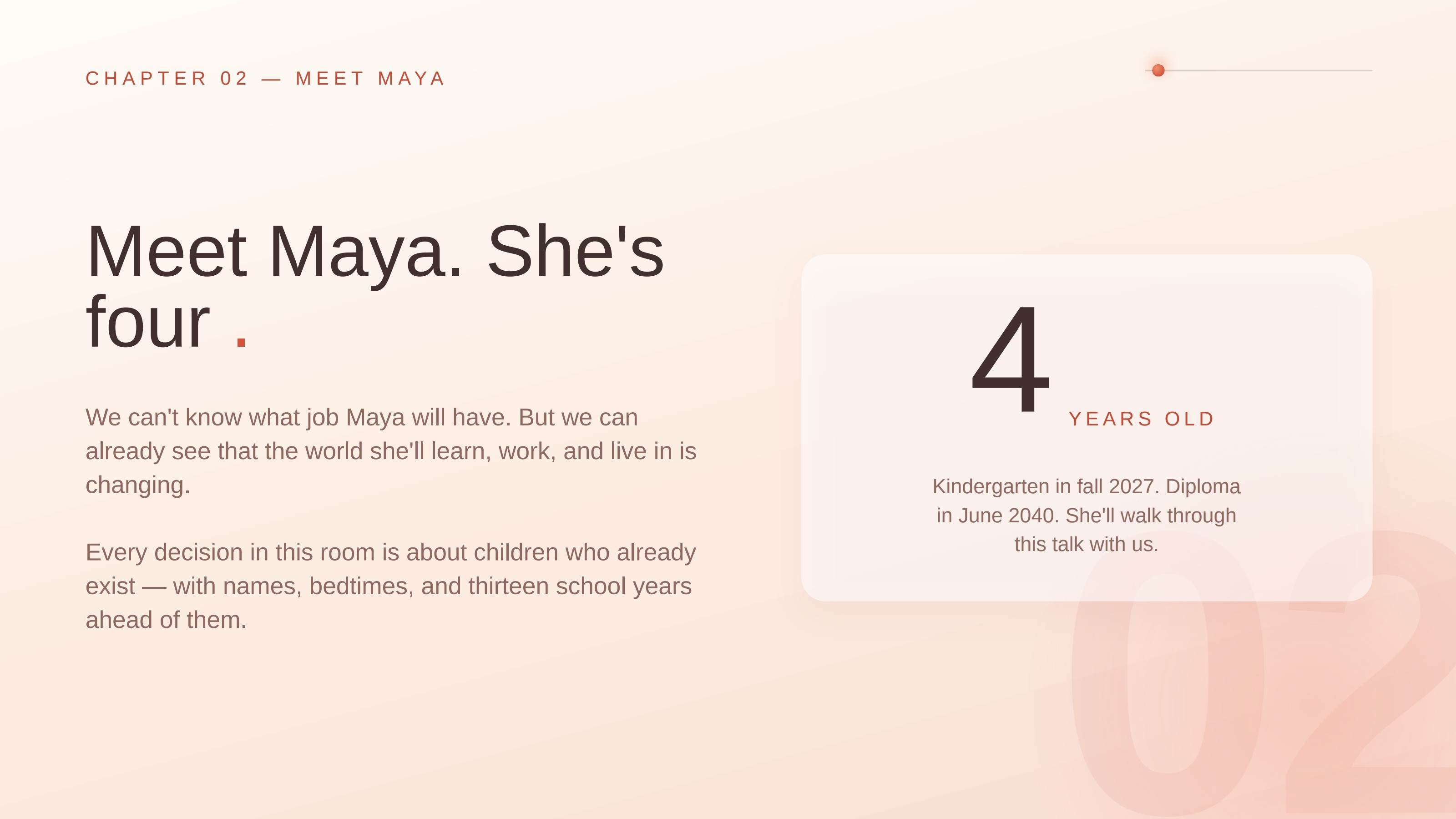 Slide 2: Meet Maya. She's four.. CHAPTER 02 — MEET MAYA
