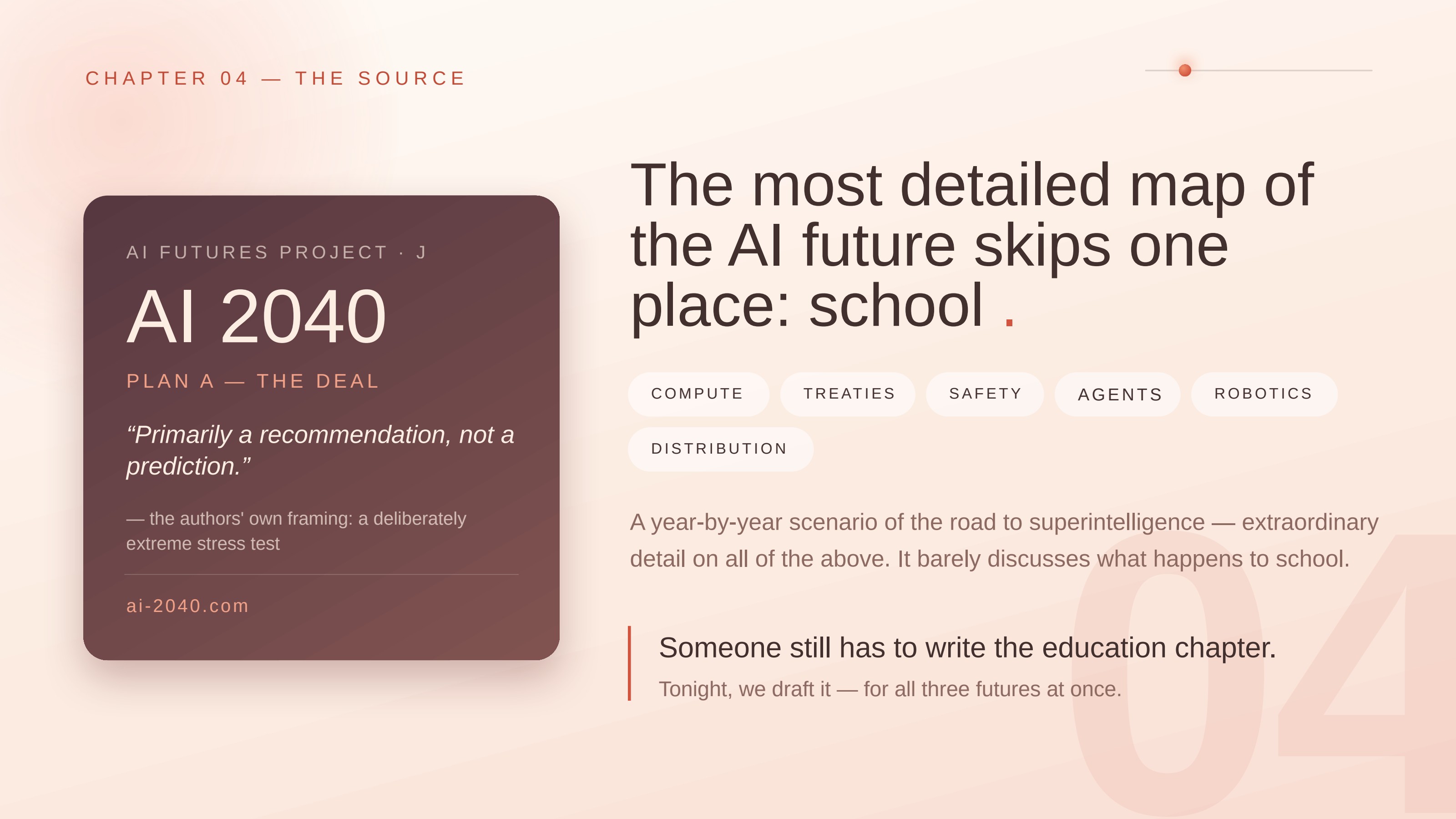 Slide 4: The most detailed map of the AI future skips one place: school.. CHAPTER 04 — THE SOURCE