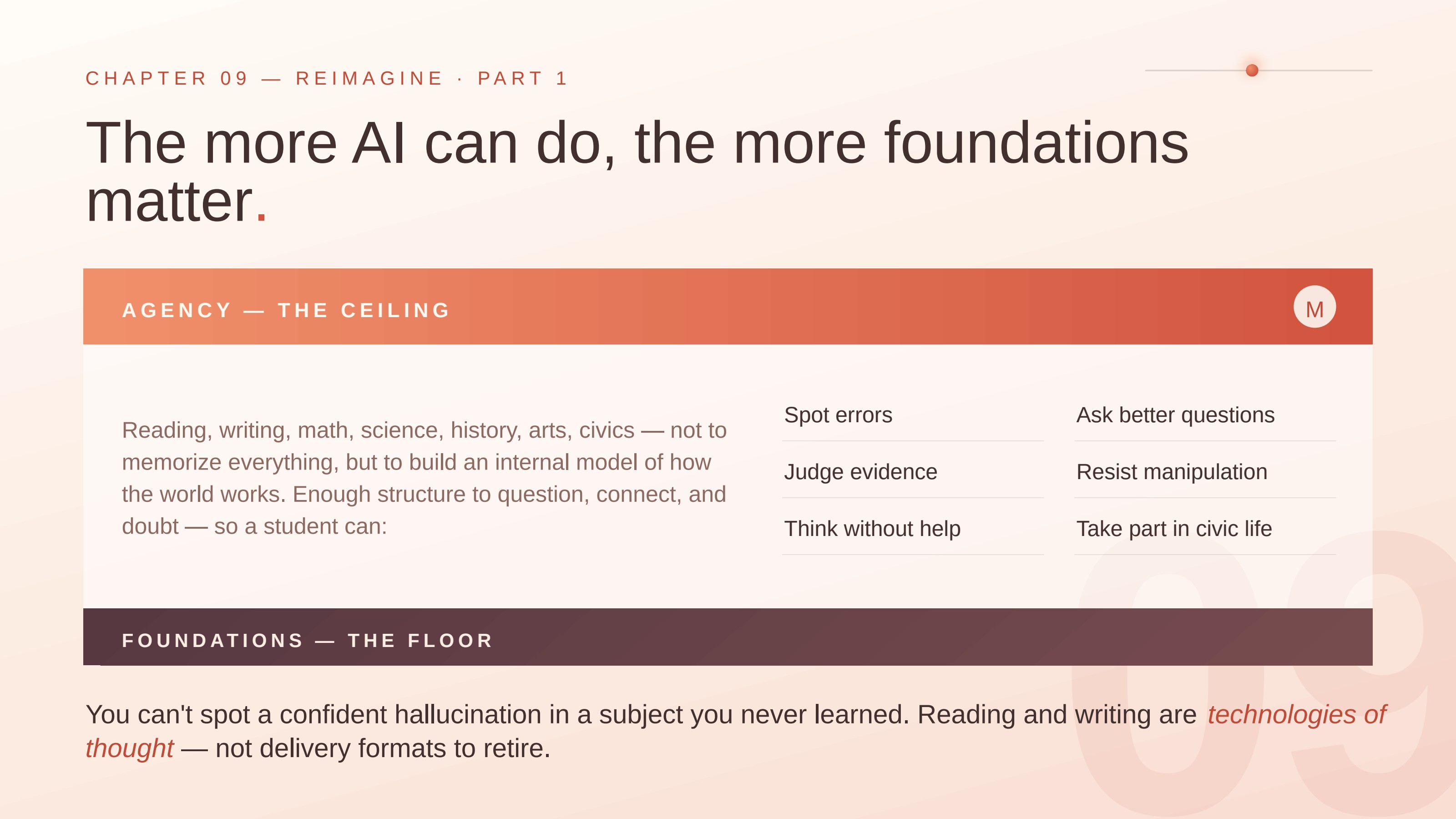Slide 9: The more AI can do, the more foundations matter.. CHAPTER 09 — REIMAGINE · PART 1